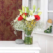 Gerbera Glass Vase - 4 Yellow Lilies 10 Red and White Gerberas