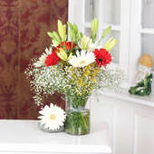 Gerbera Glass Vase - 4 Yellow Lilies 10 Red and White Gerberas
