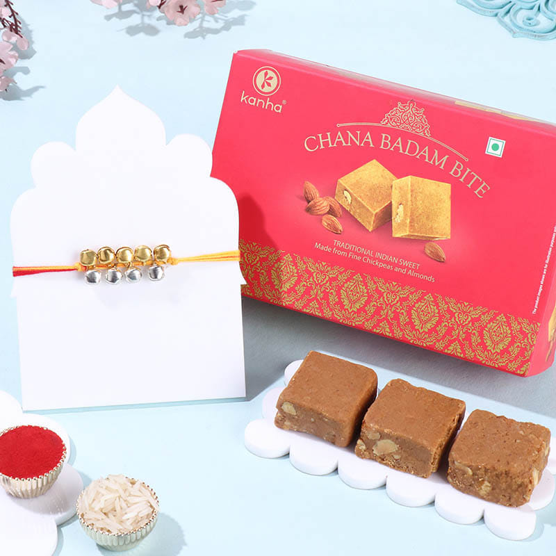 Ghungroo Bead Rakhi With Chana Badam Bite