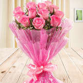 Front view of 12 pink Roses bouquet - A part of Gift of Fondness
