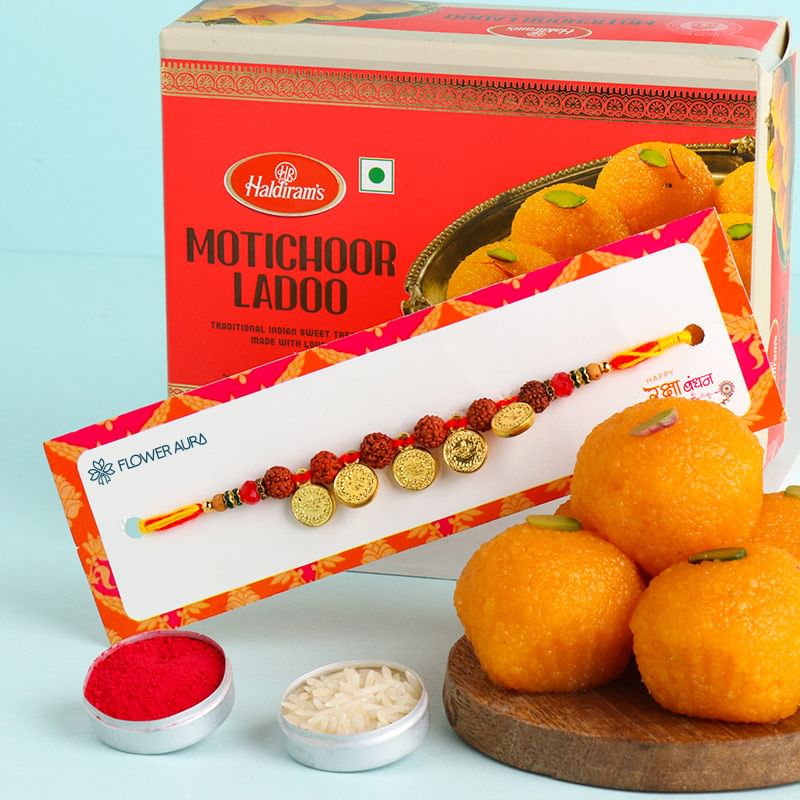 Ginni Rudraksha Rakhi N Haldirams Motichoor Ladoos