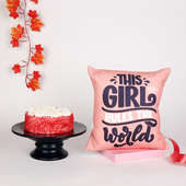 Girl Rules Gift Combo: One Printed Cushion Half Kg Red Velvet Cake