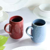Red & Blue Glazed Ceramic Tall Mugs