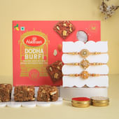 Gold Tone Rakhi Trio With Dodha Burfi