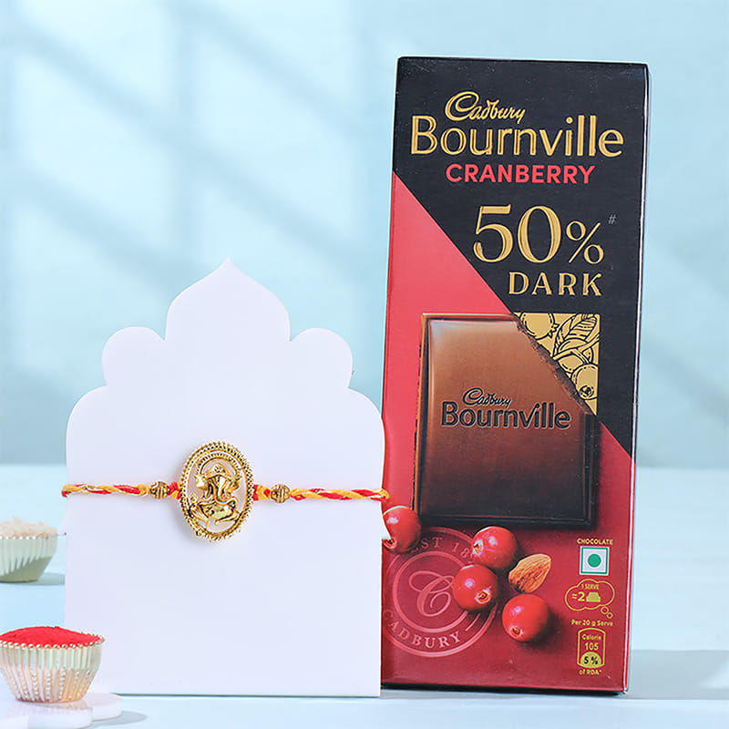 Gold Toned Ganesha Rakhi With Bournville Chocolate