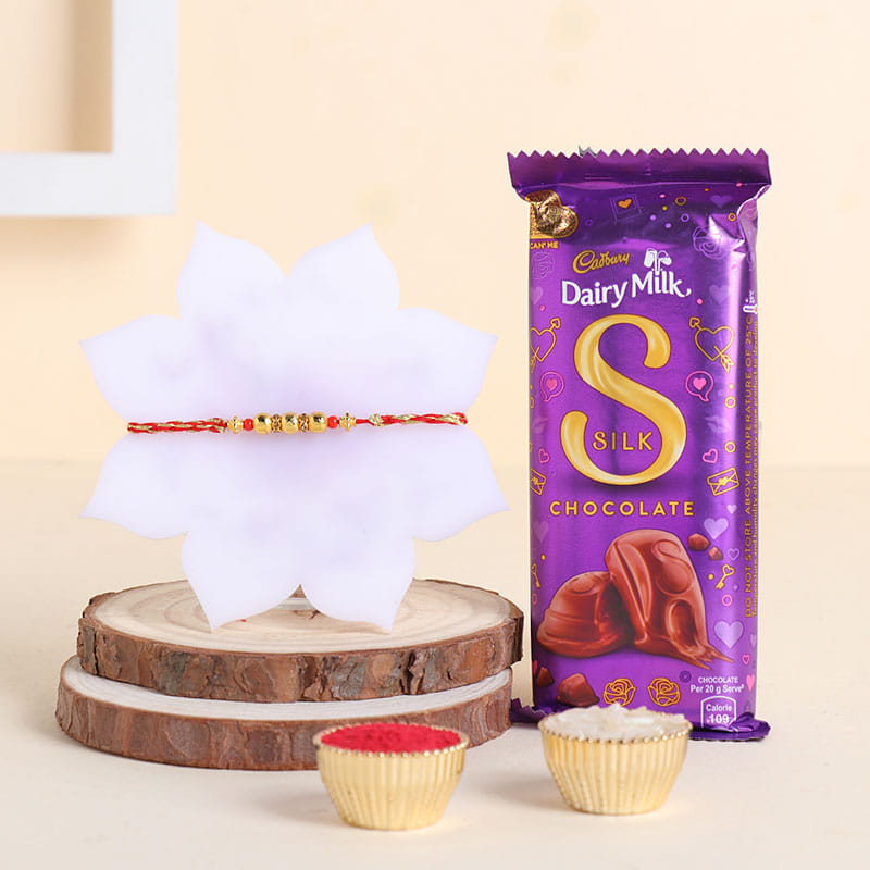 Golden Beads Rakhi With Silk Chocolate