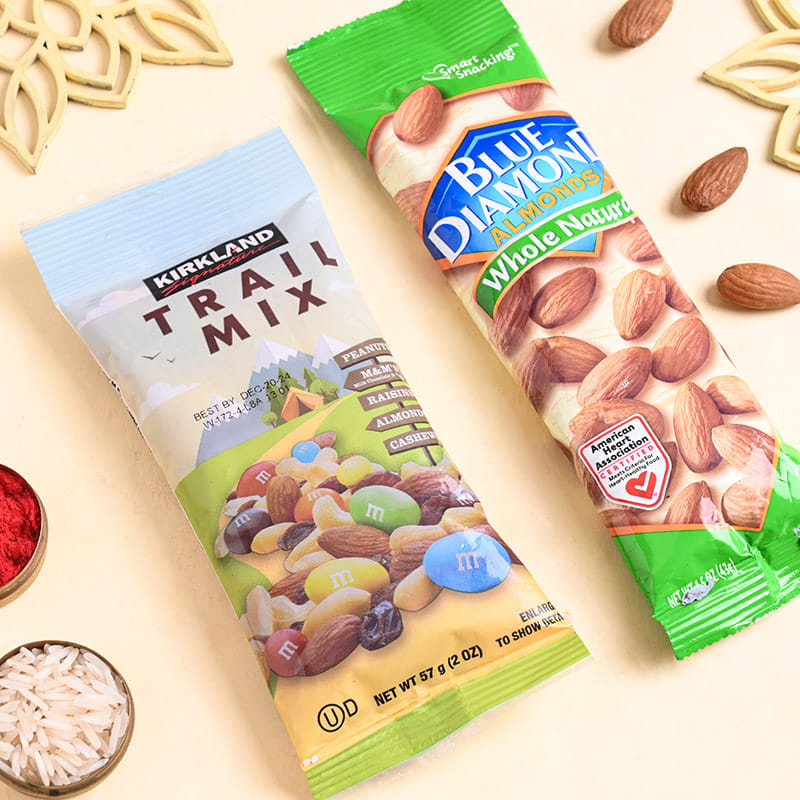 Two Golden Charm Rakhis With Healthy Nuts