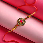 Floral Designer Rakhi online for brother Golden & Red color - Close view