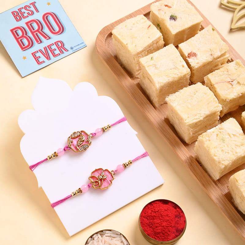 Golden Floral Rakhi Duo With Soan Papdi