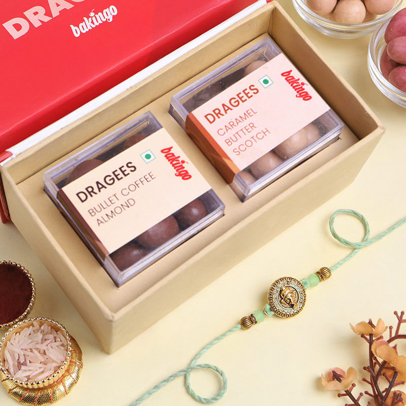 Golden Ganesha Rakhi N Gourmet Dragees Combo