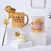 Golden Mug N Golden Rose With Choco Almond Rocks N Led Globe