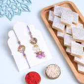 Golden N Purple Bhai Bhabhi Rakhis With Kaju Katli