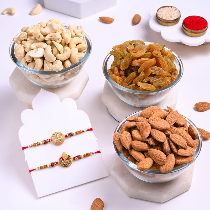 Golden Om N Ganesha Rakhis With Dry Fruits