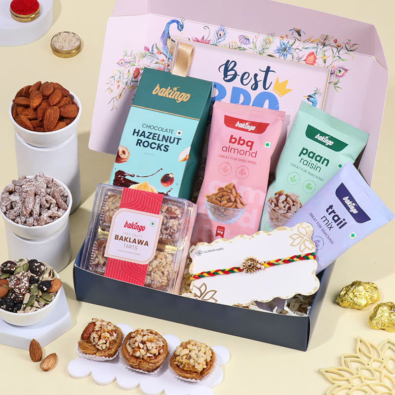 Golden Om Rakhi With Sweet N Savoury Treats