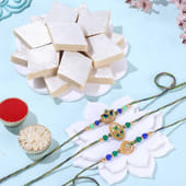Golden Peacock Rakhi Trio With Kaju Katli