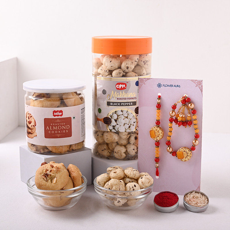 Set of 2 Traditional Golden Rakhi with Sweets and Dry Fruits