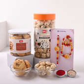 Set of 2 Traditional Golden Rakhi with Sweets and Dry Fruits