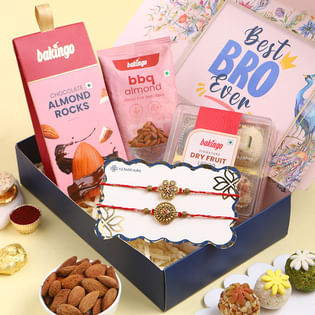 Golden Rakhi Duo With Sweet N Nutty Hamper