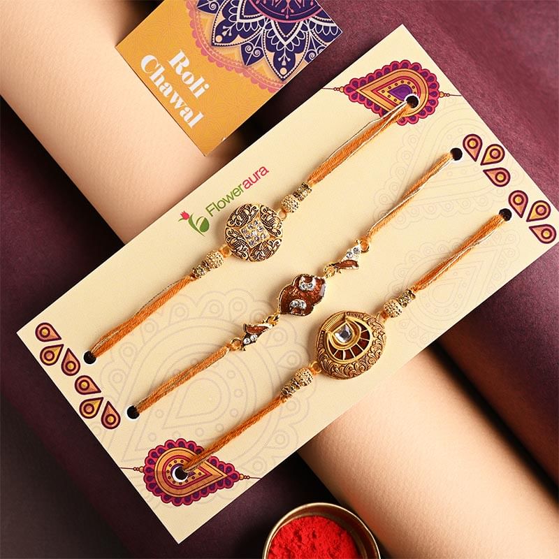 Order Golden Rakhi Trio Online - Fancy Rakhi