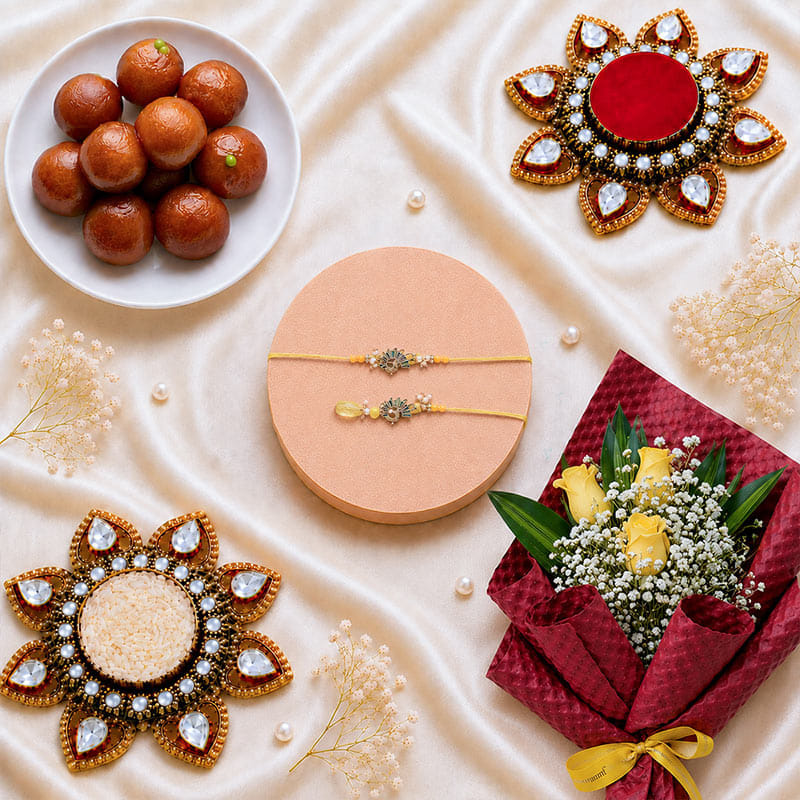 Golden Rakhi With Roses N Sweets