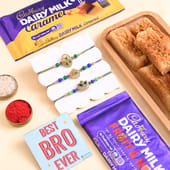 Three Golden Regal Rakhi With Sweets N Choco Bars