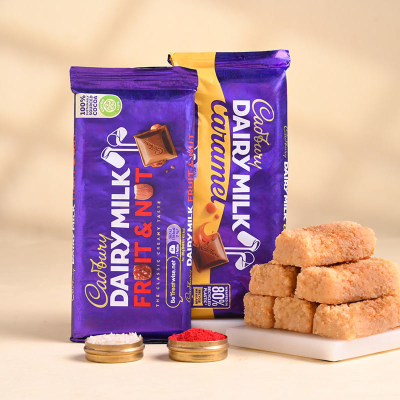 Golden Regal Rakhi Trio With Sweets N Choco Bars