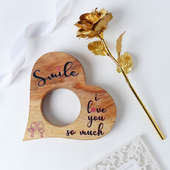 Golden Rose Gift with a Wooden Heart: Gifts for Girls
