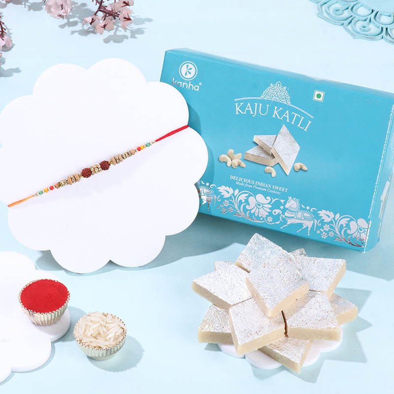 Golden Rudraksha Rakhi With Kaju Katli