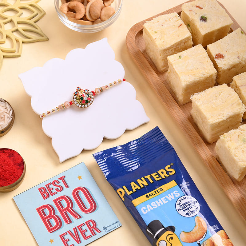 Traditional Bead Rakhi With Soan Papdi N Cashews