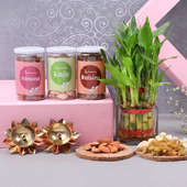 buy Lucky Bamboo With Glass Vase, dry fruits & diyas
