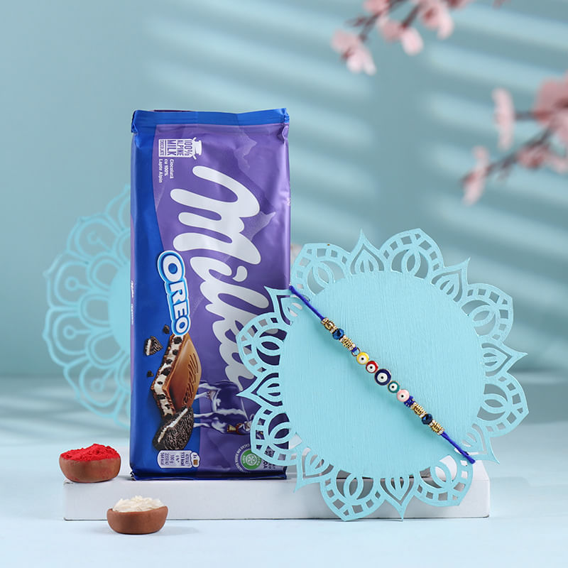 Good Vibes Evil Eye Rakhi With Milka Chocolate-Netherlands