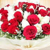 Zoom in view of Gorgeous Blooms - Bunch of 25 red and 25 white roses