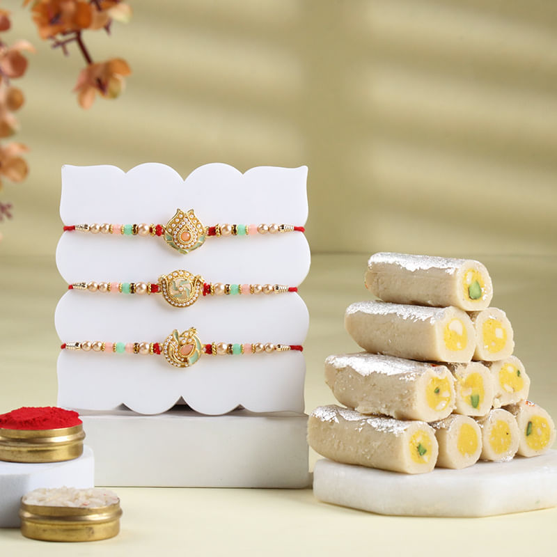 Graceful Designer Rakhi Trio With Kaju Roll