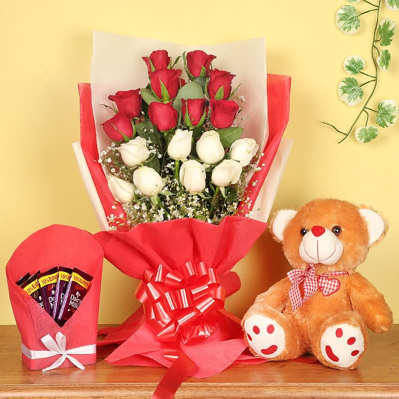 Bunch of Mixed Roses with Teddy and Chocolates Combo