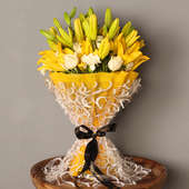 Gorgeous Mixed Flowers Bouquet - Premium Bouquet of 26 Flowers with 6 Yellow Lilies and 10 White Roses and 10 White Carnations