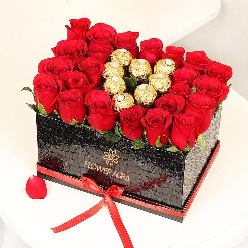 Red Roses with Chocolates Arrangement in a Black Box