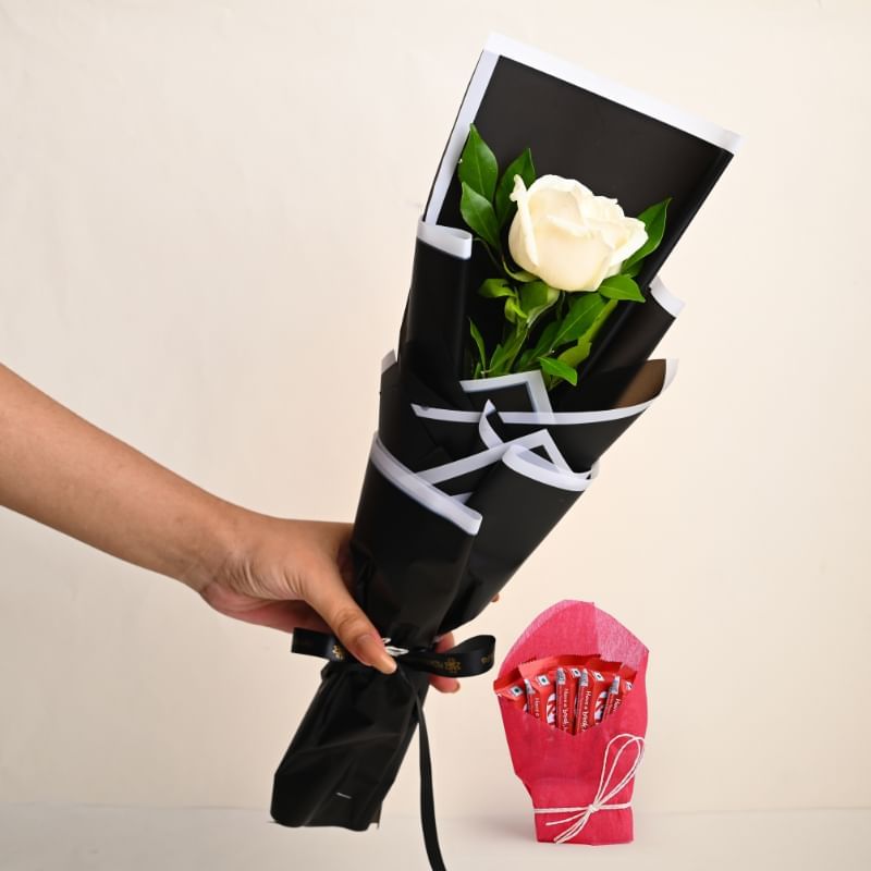 Graceful White Rose With Kitkat Delights