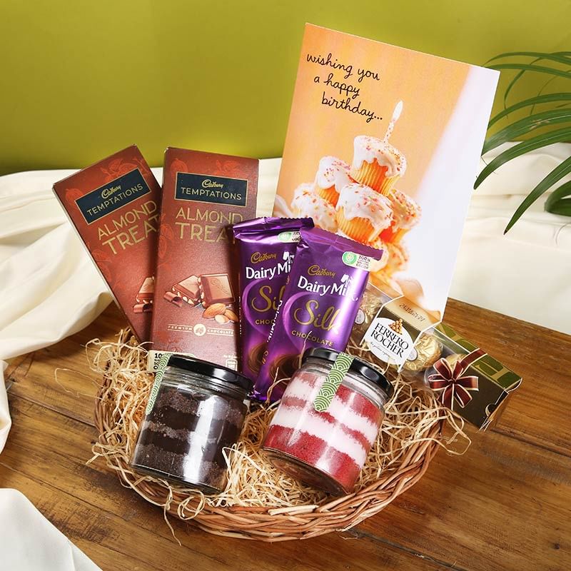  Gratifying Chocolate Hamper With Birthday Card And Jar Cake