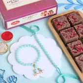 Green and White Beaded Bhaiya Bhabhi Rakhi Set With Sweets