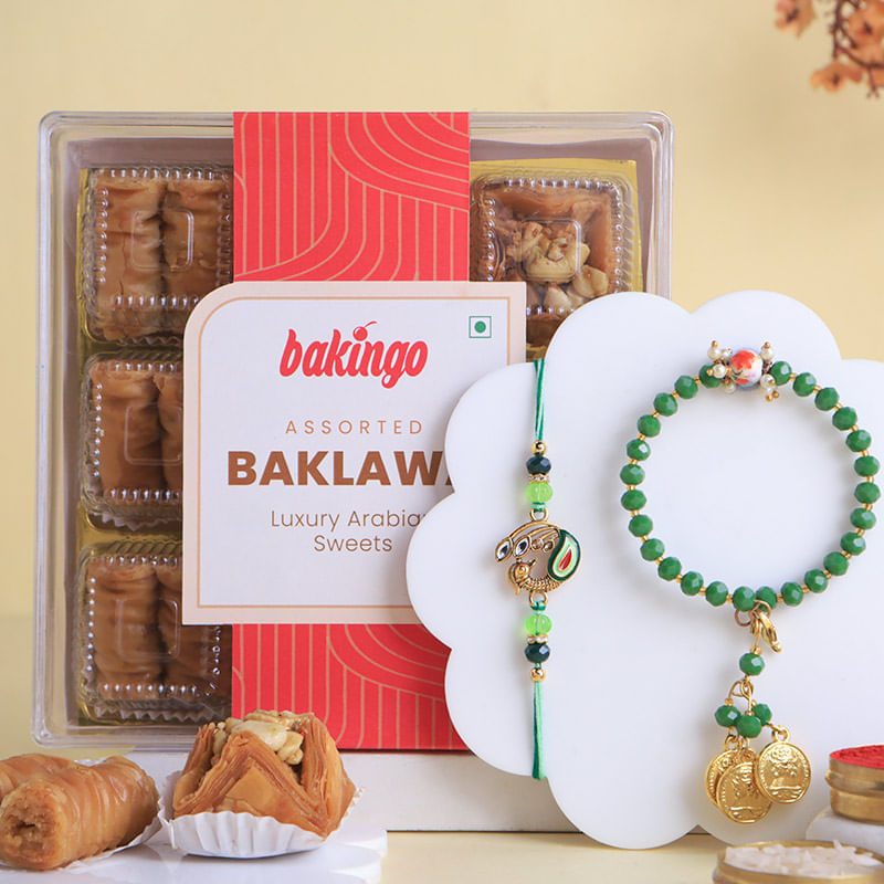 Green Bhaiya Bhabhi Bracelet Rakhi Set With Baklawa