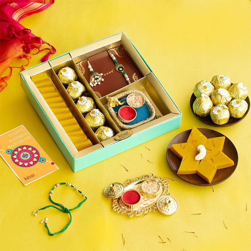 Green Bhaiya Bhabhi Rakhi With Kaju Kesar Katli N Ladoo