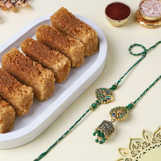 Green Peacock Bhaiya Bhabhi Rakhis With Milk Cake