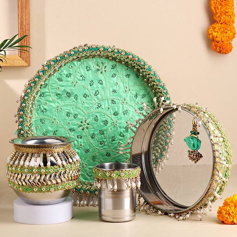 Green Pooja Thali Set For Karwa Chauth