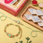 Green Stone Bhai Bhabhi Rakhi Set And Kaju Katli