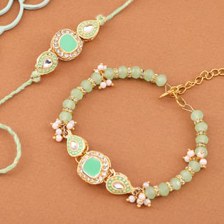 Green Stone Rakhi for Bhai and Bhabhi