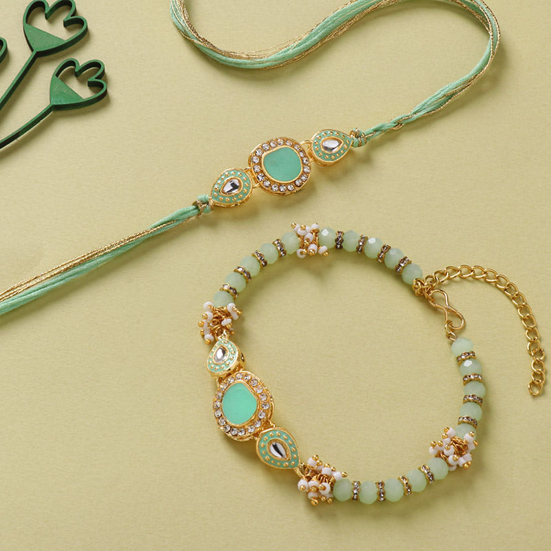 Green Stone Rakhi for Bhai and Bhabhi