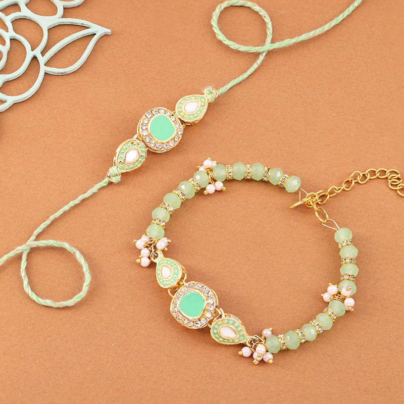 Green Stone Rakhi for Bhai and Bhabhi