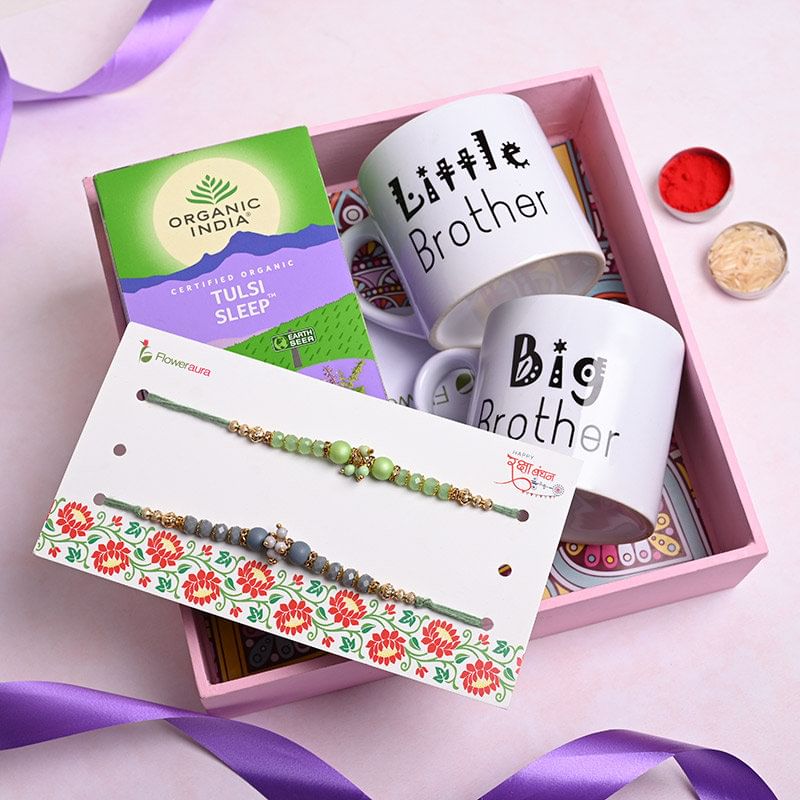 Order Green Tea With Two Mugs N Beads Rakhi Online