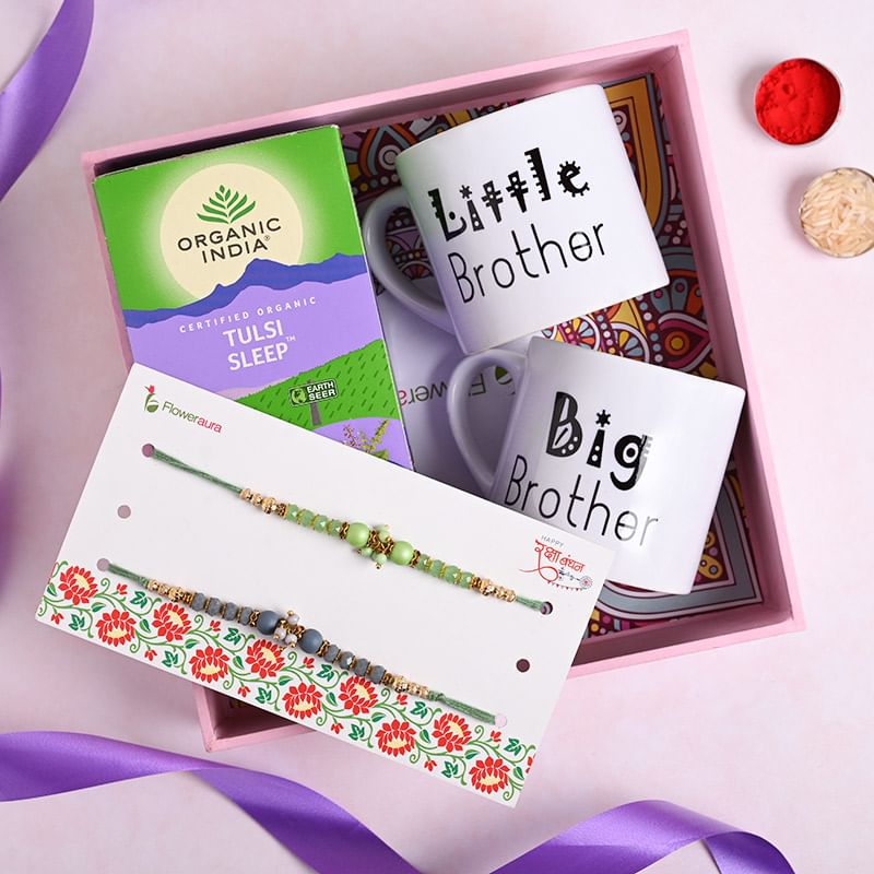 Green Tea With Two Mugs N Beads Rakhi Online