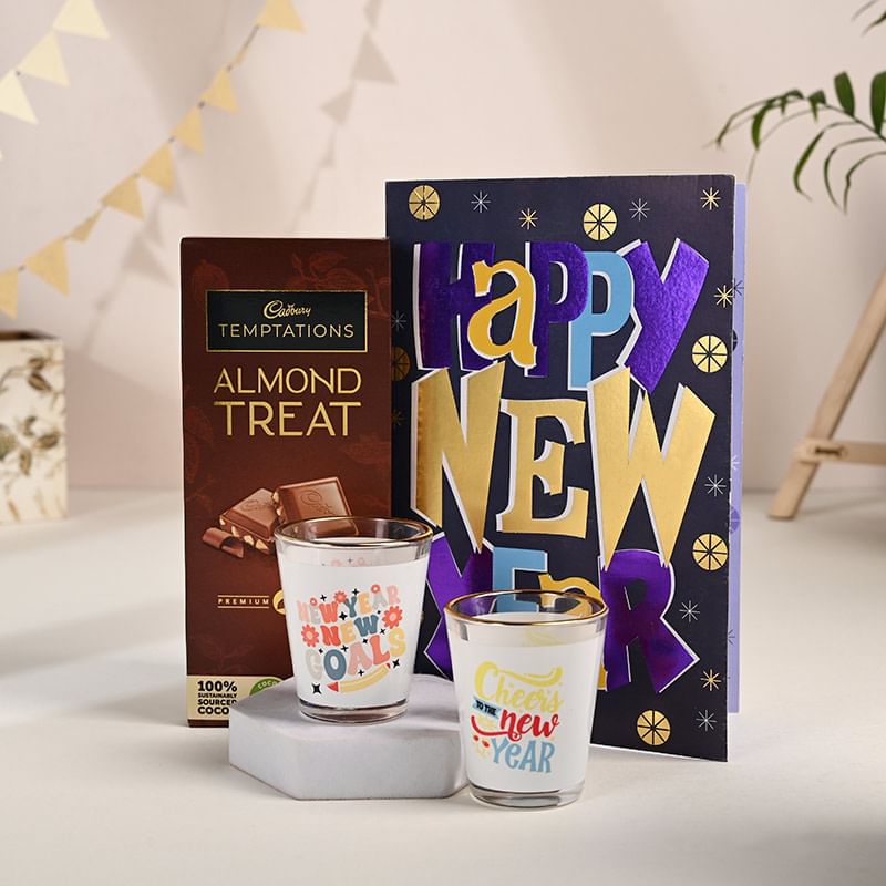 Happy New Year Greeting Card with Chocolate & Shot Glasses